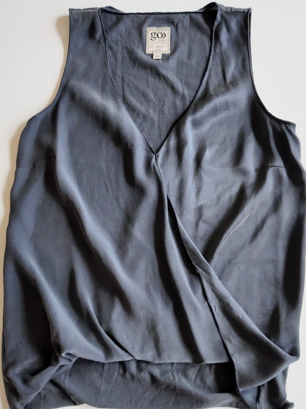Go Silk Blouse Draped Crossover Sleeveless Silk Slate Grey Size XS